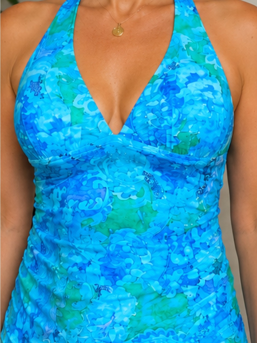 Lauren Ralph Lauren Halter Tankini Top Blue Green Floral Size 8